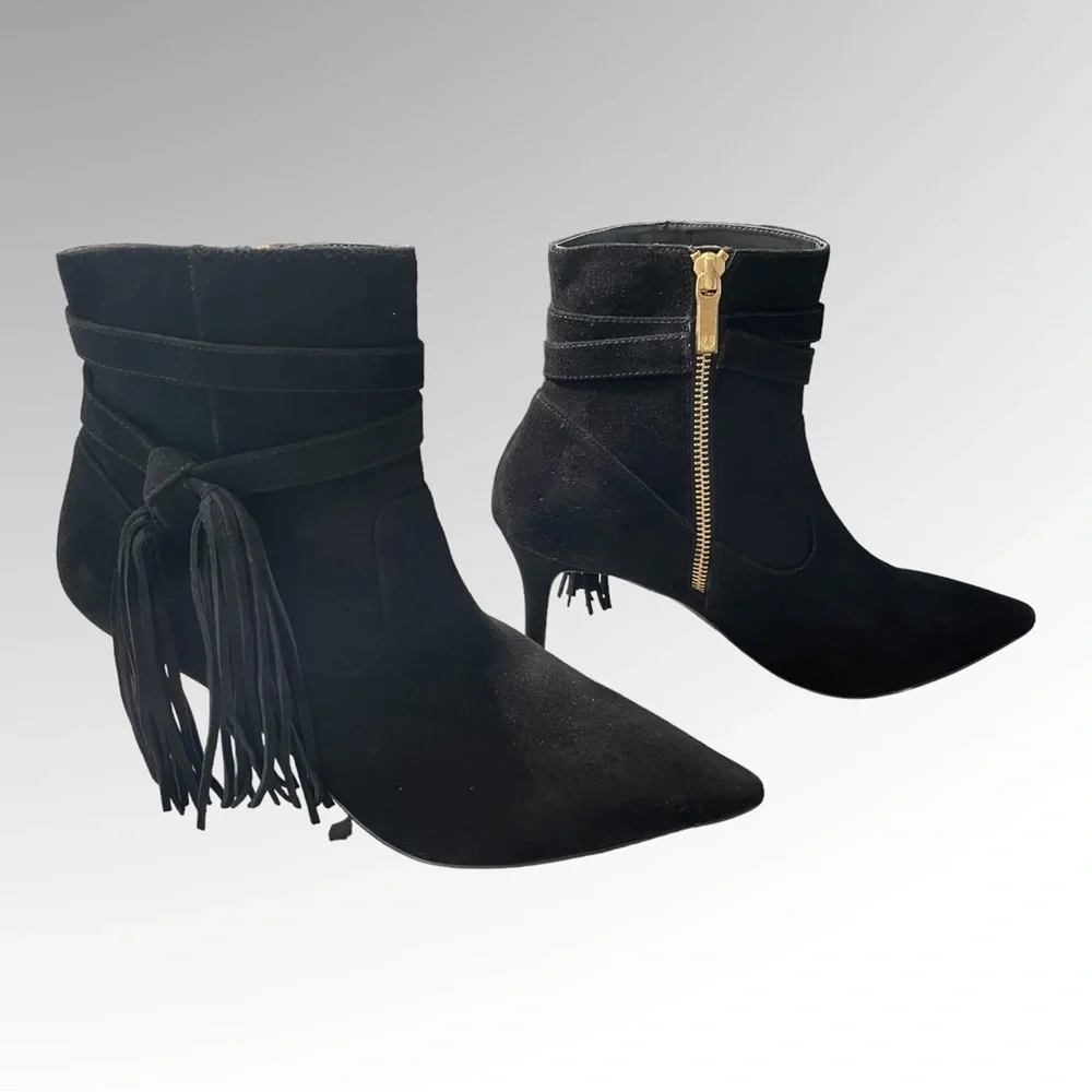 New! CHARLES JOURDAN PARIS Black Suede Fringe Booties Size 9.5